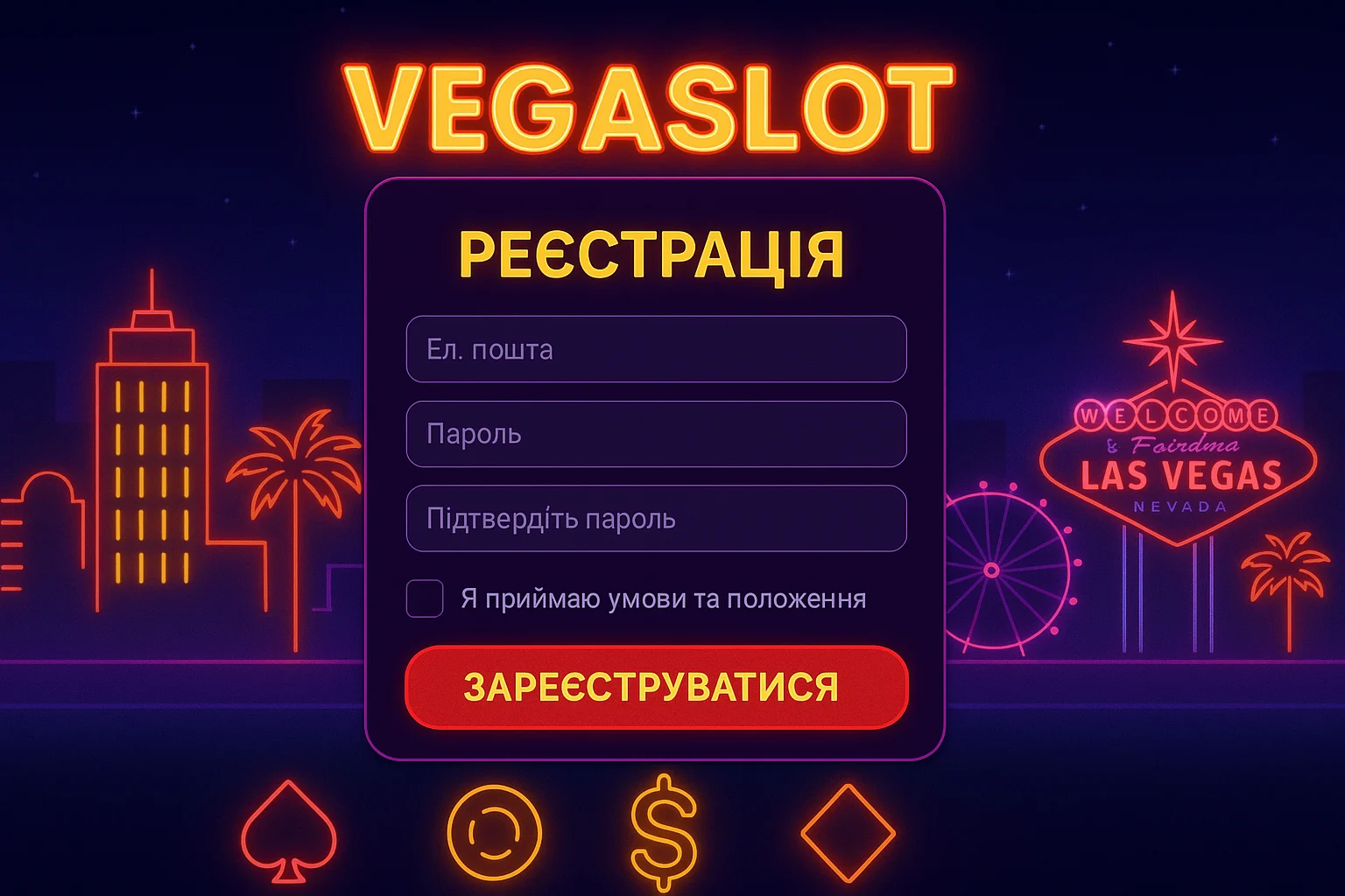 Вхід та реєстрація Vegaslot